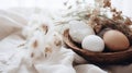 Lots of Easter eggs in soft pastel colors. Minimalist simple decor in Scandinavian style