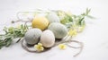 Lots of Easter eggs in soft pastel colors. Minimalist simple decor in Scandinavian style