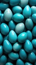 Lots of Easter eggs in trendy turquoise colors. Festive background.