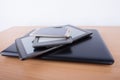 Lots of electronic gadgets on a table - notebook, tablet, ebook Royalty Free Stock Photo
