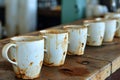 lots of empty dirty white coffee cups ,we are hiring