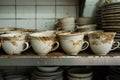 lots of empty dirty white coffee cups ,we are hiring