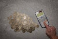 Lots of euro coins with a calculator. background of coins. Typical image in household savings