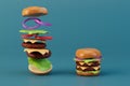 lots of fast food. whole and flying burgers on a turquoise background. 3D render