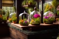 Lots of florariums on the shelves of a flower store, florariums are mini gardens in a glass container. Generative AI.