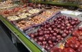 Lots of food on the counter in the supermarket. Vegetables, fruits. View from above Royalty Free Stock Photo