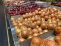 Lots of food on the counter in the supermarket. Vegetables, fruits. View from above Royalty Free Stock Photo