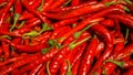 Lots of fresh large red spicy chillis shot from overhead at outdoors market in traditional market in indonesia Royalty Free Stock Photo