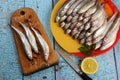 Lots of fresh smelt fish on white plate, Gutted fish Royalty Free Stock Photo