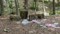 Lots of garbage, bottles and plastic bags in forest left by vacationers. Concept of environmental pollution by people