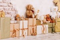 lots of gift boxes and teddy bears. present on birthday, for christmas, new year, valentine's day. Royalty Free Stock Photo