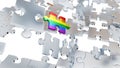 Lots of Grey Puzzle pieces with holes and one Large Rainbow piece Royalty Free Stock Photo