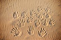 Lots of hand prints on the sand Royalty Free Stock Photo