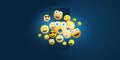 Lots of Happy Yellow Emoticons with Various Facial Expressions in Front of a Smartphone on a Dark Blue Background Royalty Free Stock Photo