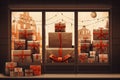 Lots of holiday gifts in a decorated Christmas shop window. flat illustration style. Merry Christmas and Happy New Year Royalty Free Stock Photo