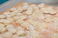 Lots of homemade dumplings on table with flour. Raw ravioli are ready for cooking. Close-up, selective focus Royalty Free Stock Photo