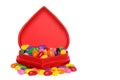 Lots of jelly beans in a red heart box Royalty Free Stock Photo