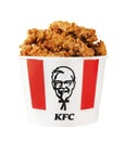 A lots of KFC chicken hot wings or strips in bucket of KFC