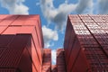 Lots of long cargo containers stacked at the terminal port for import export business. Logistics, unloading, loading, storage,