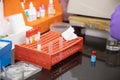 Lots of medicines test-tubes for collecting blodd samples diagnosis and covid vaccine research, medical background. copy space