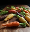 Lots of multicolored baby carrots on a wooden cutting board