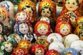 lots of nesting dolls. Traditional Russian souvenirs Matryoshka on shelfs in souvenir shop Royalty Free Stock Photo