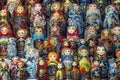 lots of nesting dolls. Traditional Russian souvenirs Matryoshka on shelfs in souvenir shop. lots of nesting dolls Royalty Free Stock Photo