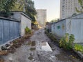 Lots of old gray car garages. Parking. abandoned place