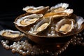 lots of Open oyster with pearl isolated on dark background