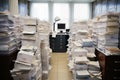 Lots of paper stacks of documents in the office. Generative AI Royalty Free Stock Photo