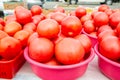 Lots of red tomatoes in plastic on the counter. Sale of tomatoes at the farmers\' market. Red ripe tomatoes Royalty Free Stock Photo