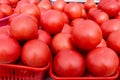 Lots of red tomatoes in plastic trays on the counter. Sale of tomatoes at the farmers\' market. Close-up. Red ripe tomatoes Royalty Free Stock Photo
