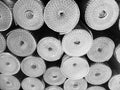 Lots of rolls of polyethylene foam base. Repair materials. Insulation floor in roll. Rolls with insulation on top of each other. Royalty Free Stock Photo