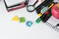 Lots of school supplies on white background .photo with copy space Royalty Free Stock Photo