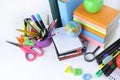 Lots of school supplies on white background .photo with copy space Royalty Free Stock Photo