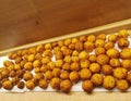 Lots of small curd balls. Freshly made cottage cheese donuts on a wooden table top. Profiteroles.