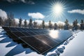 Lots Of Solar Panels Against A Sunny Winter Landscape. Generative AI