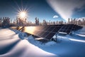 Lots Of Solar Panels Against A Sunny Winter Landscape. Generative AI