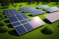Lots Of Solar Panels On Green Grass. Generative AI