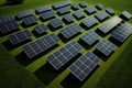 Lots Of Solar Panels On Green Grass. Generative AI
