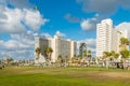 Lots tall skylines and luxury hotels along the Tel Aviv beach near the Sir Charles Clore park in Tel Aviv, Israel