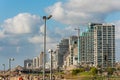 Lots tall skylines and luxury hotels along the Tel Aviv beach near the Sir Charles Clore park in Tel Aviv, Israel