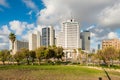 Lots tall skylines and luxury hotels along the Tel Aviv beach near the Sir Charles Clore park in Tel Aviv, Israel