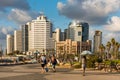 Lots tall skylines and luxury hotels along the Tel Aviv beach near the Sir Charles Clore park in Tel Aviv, Israel