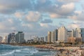 Lots tall skylines and luxury hotels along the Tel Aviv beach near the Sir Charles Clore park in Tel Aviv, Israel