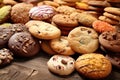 Lots of tasty cookies biscuits on wooden background table.Generative ai