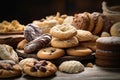 Lots of tasty cookies biscuits on wooden table and black background.Generative ai