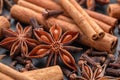 Lots of three spices for mulled wine Ã¢â¬â star anise, cinnamon and clove, macro Royalty Free Stock Photo