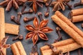 Lots of three spices for mulled wine Ã¢â¬â star anise, cinnamon and clove, macro Royalty Free Stock Photo