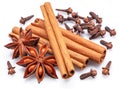 Lots of three spices for mulled wine and star anise, cinnamon and clove, macro Royalty Free Stock Photo